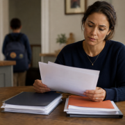 Parent reviewing family court papers concerning safeguarding allegations and responses while a child is nearby