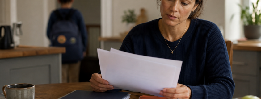 Parent reviewing family court papers concerning safeguarding allegations and responses while a child is nearby