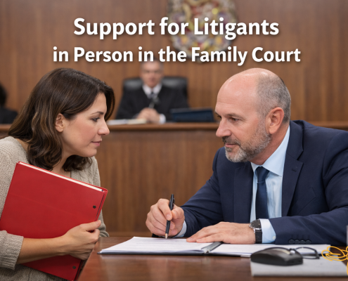 A McKenzie Friend supporting a litigant in person during a family court hearing by reviewing documents together.