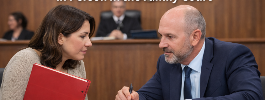 A McKenzie Friend supporting a litigant in person during a family court hearing by reviewing documents together.