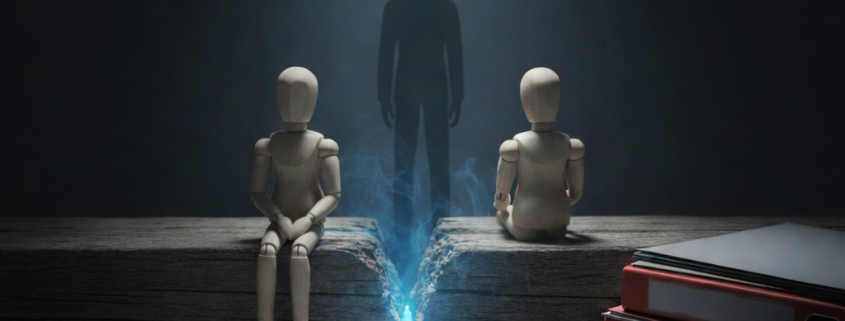 Illustration showing two separated child figures and an adult silhouette in the background, representing parental alienation and contact breakdown within a family court context.