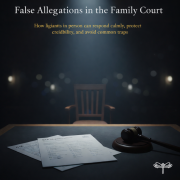 A family court setting showing a judge’s chair, legal documents including a C1A form, and a gavel, illustrating the issue of false allegations in family court proceedings.