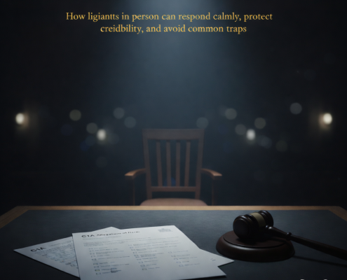 A family court setting showing a judge’s chair, legal documents including a C1A form, and a gavel, illustrating the issue of false allegations in family court proceedings.