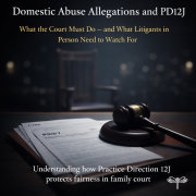 Family court scene showing a judge’s gavel resting on legal documents including a C100 form, representing domestic abuse allegations and the application of Practice Direction 12J.