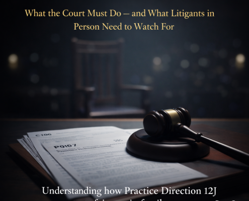 Family court scene showing a judge’s gavel resting on legal documents including a C100 form, representing domestic abuse allegations and the application of Practice Direction 12J.
