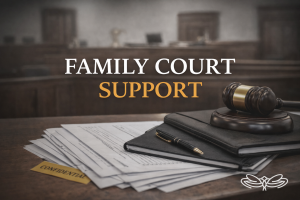 Family court documents and gavel representing procedural support for litigants in person, JSH Law.