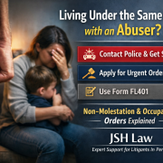 Woman and young child sitting in fear while an abusive partner raises a fist, illustrating domestic abuse while living under the same roof and the need for urgent family court protection.