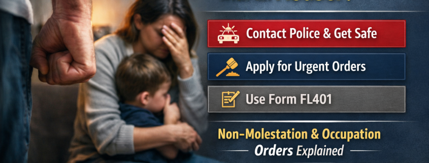 Woman and young child sitting in fear while an abusive partner raises a fist, illustrating domestic abuse while living under the same roof and the need for urgent family court protection.