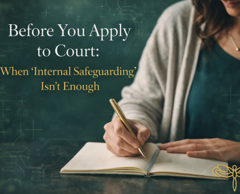 Person writing legal notes before applying to family court, with technology-inspired design elements representing modern safeguarding and legal preparation.