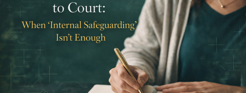 Person writing legal notes before applying to family court, with technology-inspired design elements representing modern safeguarding and legal preparation.