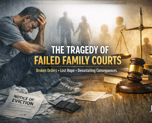 Empty family court setting symbolising the impact of unenforced court orders, parental alienation, and prolonged family court proceedings in England and Wales.
