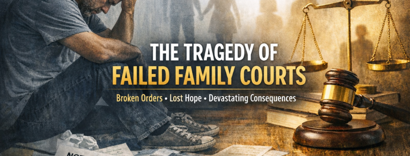 Empty family court setting symbolising the impact of unenforced court orders, parental alienation, and prolonged family court proceedings in England and Wales.