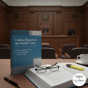 Family court setting showing a Cafcass report on a desk alongside legal papers, representing how Cafcass recommendations are used in private law children proceedings.