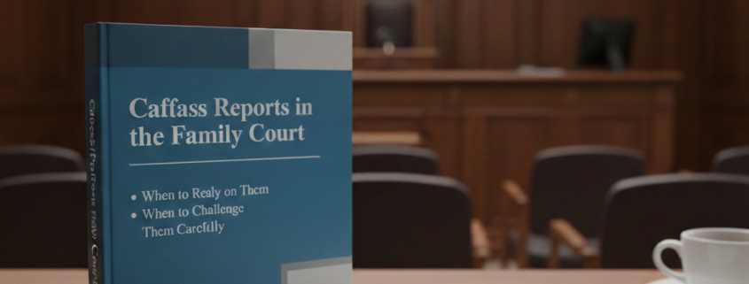 Family court setting showing a Cafcass report on a desk alongside legal papers, representing how Cafcass recommendations are used in private law children proceedings.