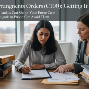 A parent completing a Child Arrangements Order (C100) form with procedural support, reviewing documents at a desk before a family court application.