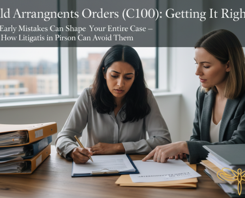 A parent completing a Child Arrangements Order (C100) form with procedural support, reviewing documents at a desk before a family court application.