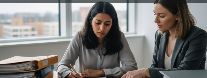 A parent completing a Child Arrangements Order (C100) form with procedural support, reviewing documents at a desk before a family court application.