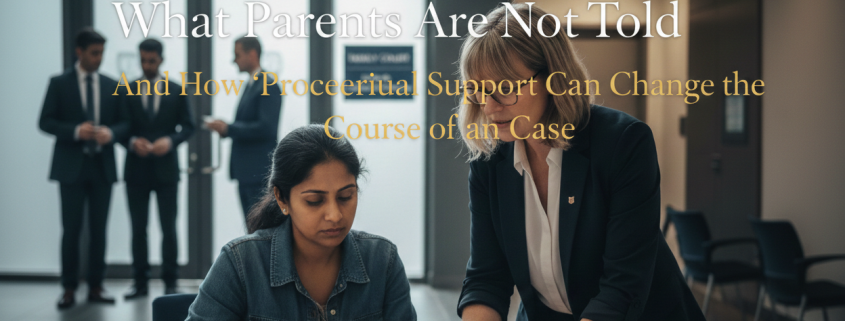 A mother and father in a family court setting, supported by a McKenzie Friend, with a judge in the background during a private law children case.