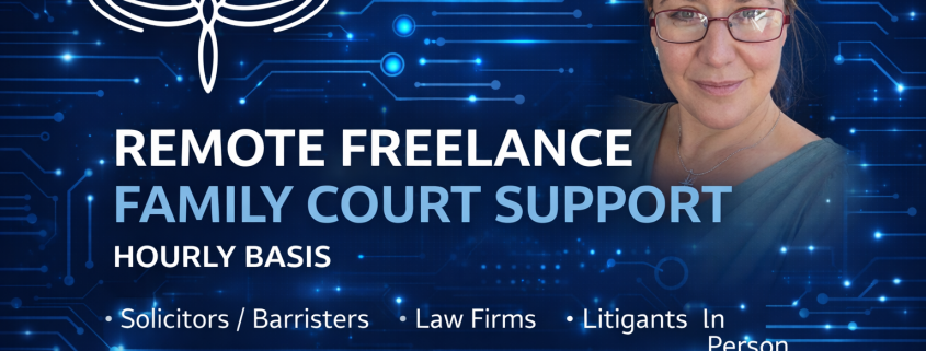 Freelance family court support offered remotely on an hourly basis for solicitors, barristers, law firms and litigants in person.