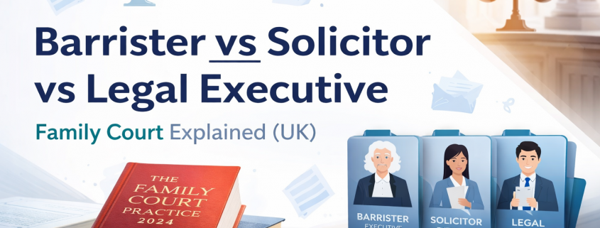 Barrister vs solicitor vs legal executive explained for UK family court, with the Family Court Practice Red Book and Jessica Susan Hill dragonfly logo.