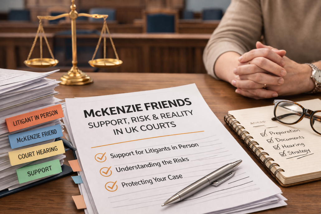 Female litigant reviewing family court documents with McKenzie Friend support in UK courtroom setting