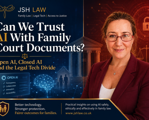 JSH Law graphic exploring whether AI can be trusted with Family Court documents and the difference between open and closed AI systems