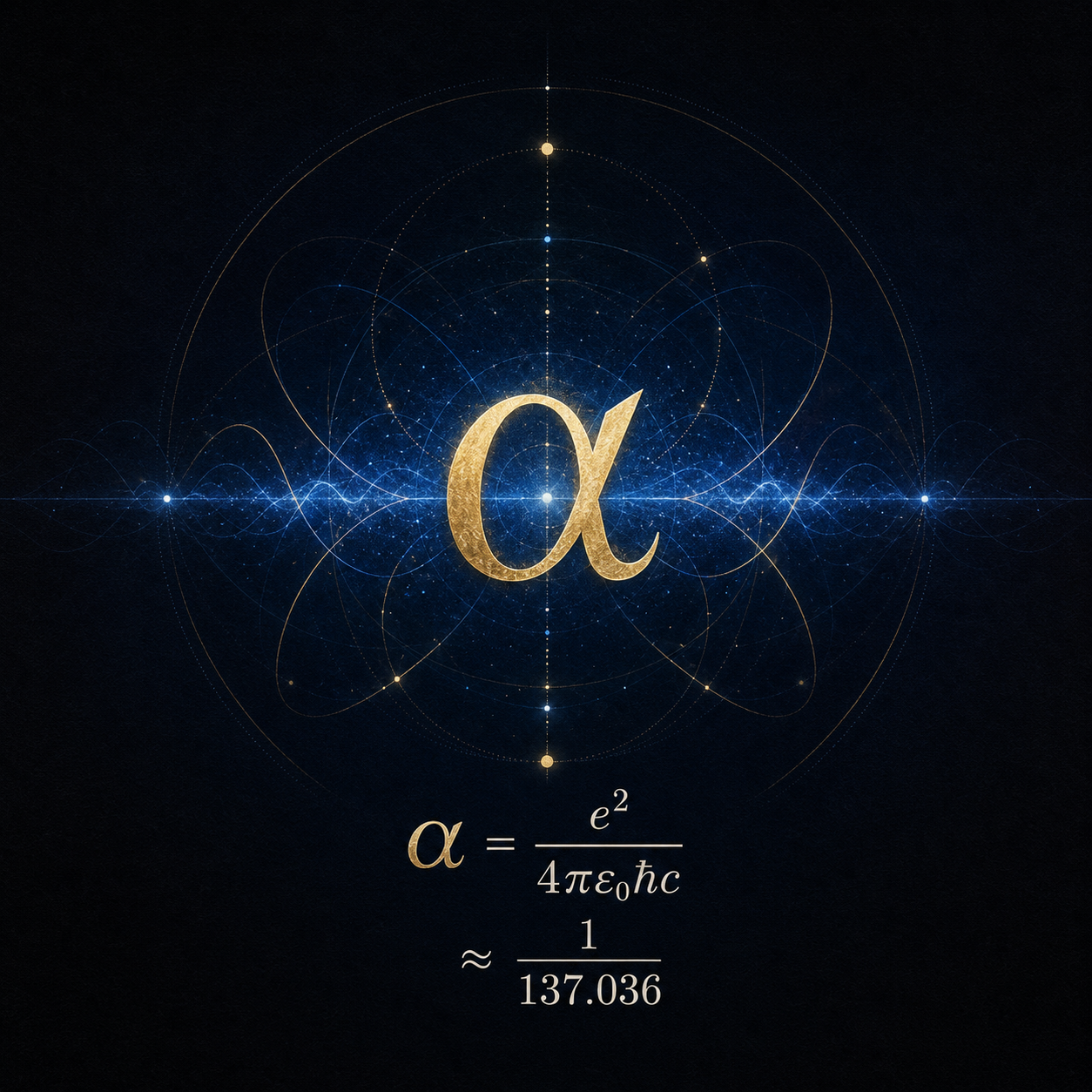 Gold alpha symbol and fine-structure constant equation surrounded by luminous atomic geometry on a dark indigo background