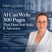 Jessica Susan Hill beside a legal AI-themed background with the headline “AI Can Write 300 Pages – That Does Not Make It Advocacy”, illustrating responsible use of AI in court documents.