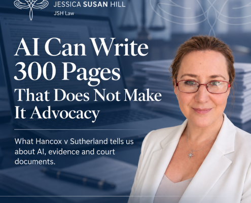 Jessica Susan Hill beside a legal AI-themed background with the headline “AI Can Write 300 Pages – That Does Not Make It Advocacy”, illustrating responsible use of AI in court documents.