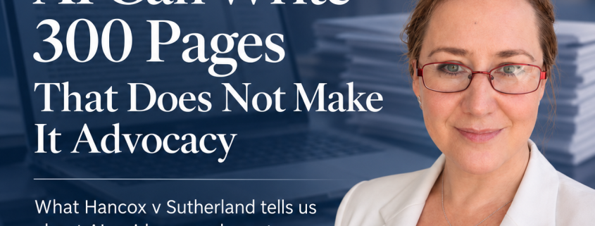Jessica Susan Hill beside a legal AI-themed background with the headline “AI Can Write 300 Pages – That Does Not Make It Advocacy”, illustrating responsible use of AI in court documents.