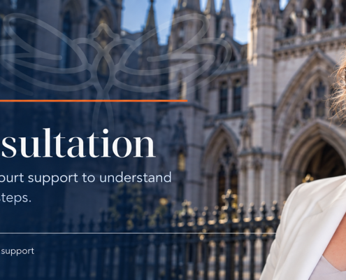 Jessica Susan Hill beside the JSH Law dragonfly logo and the words Book a Consultation, with the Royal Courts of Justice in the background.