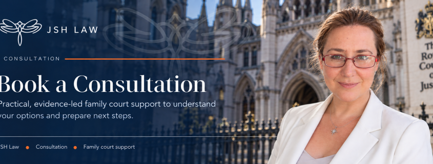Jessica Susan Hill beside the JSH Law dragonfly logo and the words Book a Consultation, with the Royal Courts of Justice in the background.