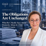 Jessica Susan Hill beside a JSH Law commentary title examining Re C, domestic abuse obligations and Child Focused Courts in England and Wales.