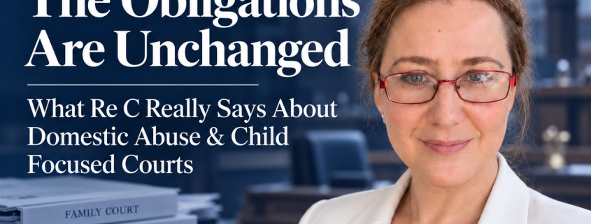Jessica Susan Hill beside a JSH Law commentary title examining Re C, domestic abuse obligations and Child Focused Courts in England and Wales.