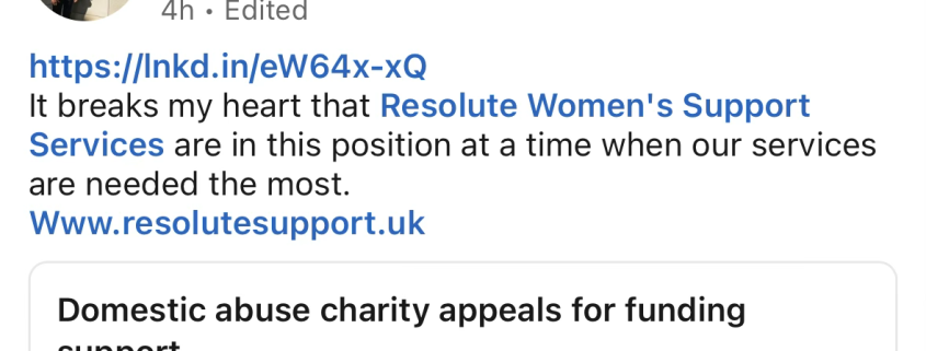 Screenshot of Deborah Jones's LinkedIn appeal for Resolute Women's Support Services, linking to a Barnsley Chronicle report about funding support.