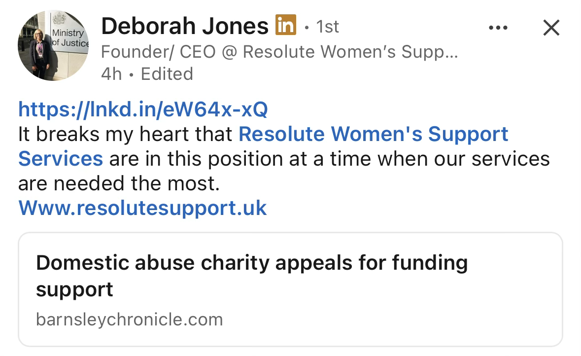 Screenshot of Deborah Jones’s LinkedIn appeal for Resolute Women’s Support Services, with a link to Barnsley Chronicle reporting