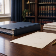 Family court case papers with a navy folder and a gold pen, representing a parent reviewing inaccuracies in a Cafcass safeguarding letter.