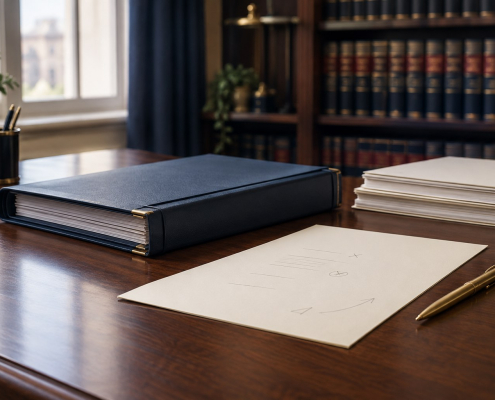 Family court case papers with a navy folder and a gold pen, representing a parent reviewing inaccuracies in a Cafcass safeguarding letter.