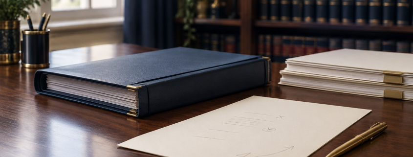 Family court case papers with a navy folder and a gold pen, representing a parent reviewing inaccuracies in a Cafcass safeguarding letter.