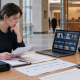 Create a serious, contemporary editorial photograph for a UK family-justice publication: a self-represented adult carefully reviewing organised evidence at a desk in a quiet, modern England-and-Wales legal setting, with a laptop showing abstract, unreadable audio and video evidence thumbnails, a secure digital evidence folder, a neutral chronology layout, and neatly arranged papers with no legible text, alongside subtle visual cues of police disclosure such as a body-worn-camera device and headphones. In the softly blurred background, suggest a Family Court environment through restrained architecture and a courthouse corridor, without American symbolism, gavels, scales of justice, logos or branding. Emphasise focused procedural preparation, safeguarding, accuracy and the distinction between recorded information and proven fact; calm natural light, muted navy, slate and warm neutral palette, documentary realism, respectful human-centred composition, sophisticated UK editorial style, no identifiable children, no distress, no confrontation, no sensationalism, no embedded text, wide horizontal composition with generous negative space.