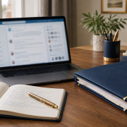 direct-access-barristers-facebook-groups-and-legal-tech-how-litigants-in-person Laptop displaying a blurred online community beside an organised family court case folder, illustrating the need for reliable legal information beyond social media.