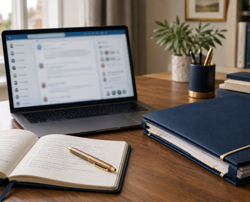 Laptop displaying a blurred online community beside an organised family court case folder, illustrating the need for reliable legal information beyond social media.
