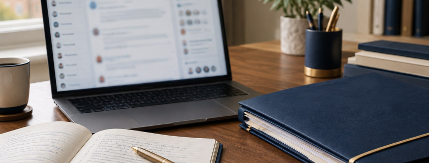 Laptop displaying a blurred online community beside an organised family court case folder, illustrating the need for reliable legal information beyond social media.