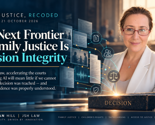 Family Justice, Recoded edition 10 banner featuring Jessica Susan Hill and a visual representation of evidence traceability and decision integrity.