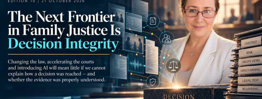 Family Justice, Recoded edition 10 banner featuring Jessica Susan Hill and a visual representation of evidence traceability and decision integrity.
