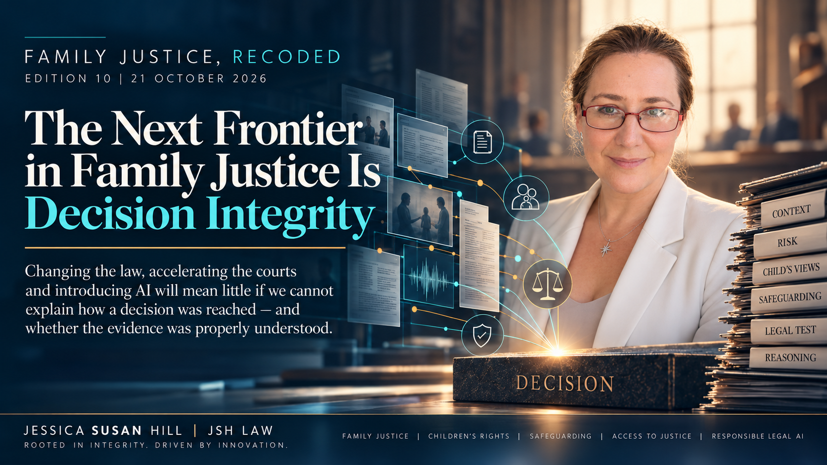 Edition 10 cover: Jessica Susan Hill and a visual interpretation of evidence traceability and decision integrity.