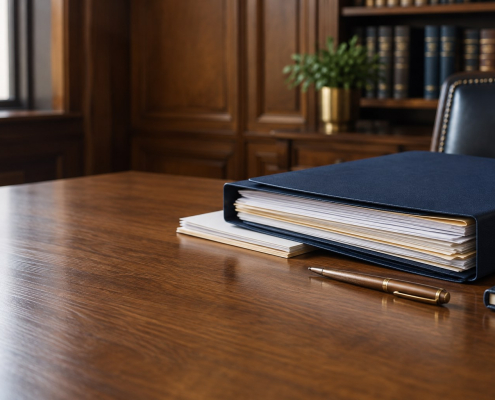 Organised family court case papers, a navy folder and a gold pen on a wooden desk, illustrating Form C1A safeguarding and domestic abuse evidence preparation.
