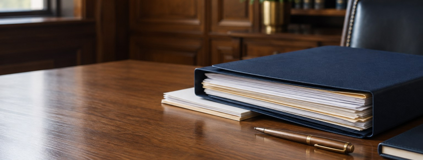 Organised family court case papers, a navy folder and a gold pen on a wooden desk, illustrating Form C1A safeguarding and domestic abuse evidence preparation.