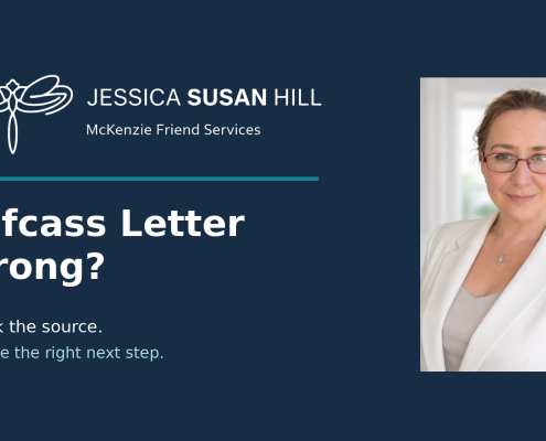 Jessica Susan Hill beside the approved JSH Law dragonfly logo and the words Cafcass Letter Wrong? Check the source. Choose the right next step.