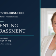 Jessica Susan Hill beside a navy banner headed Co-Parenting App Harassment, with JSH Law’s approved dragonfly logo.